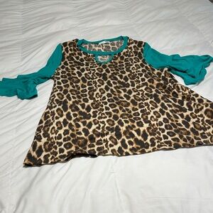 Leopard Print Top with Teal Sleeves